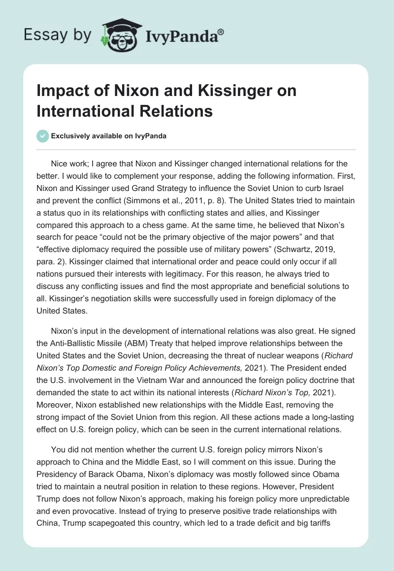 Impact of Nixon and Kissinger on International Relations. Page 1