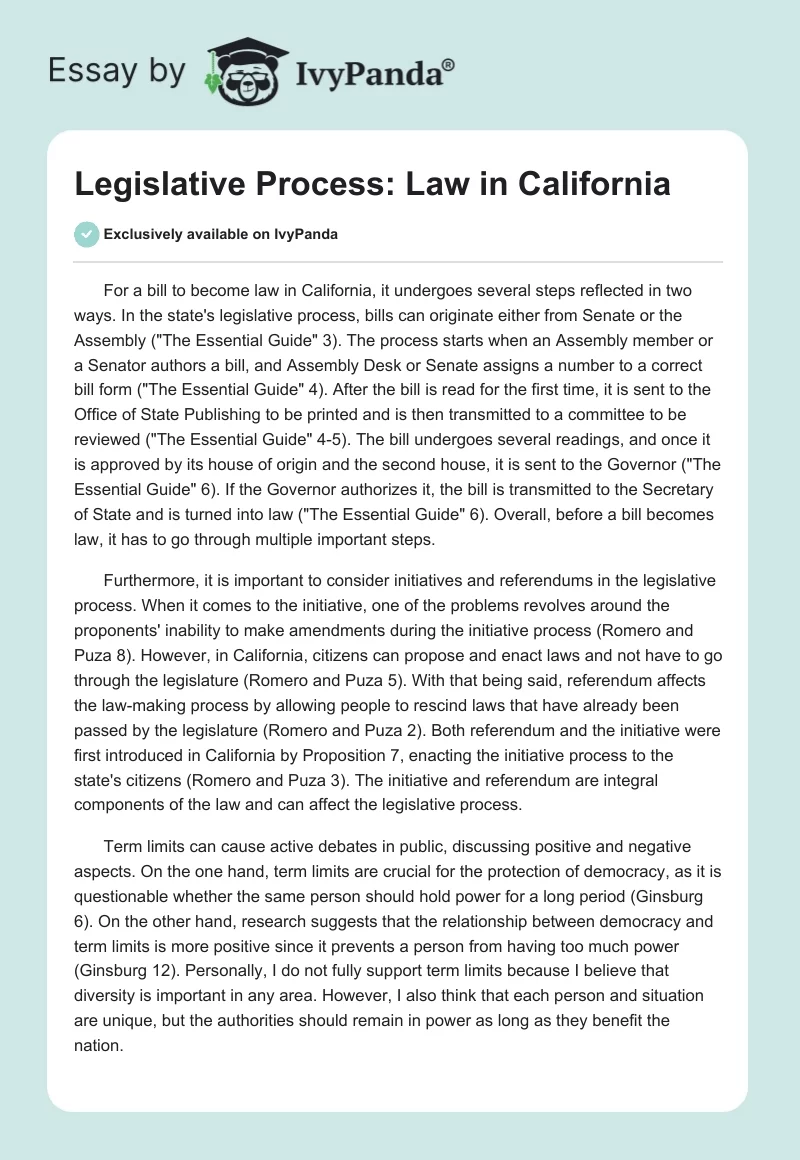 Legislative Process: Law in California. Page 1