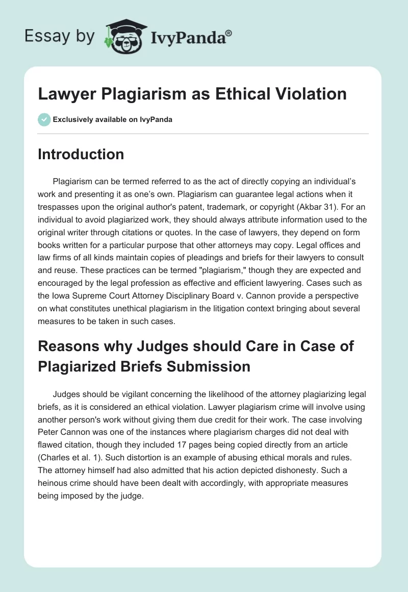 Lawyer Plagiarism as Ethical Violation. Page 1