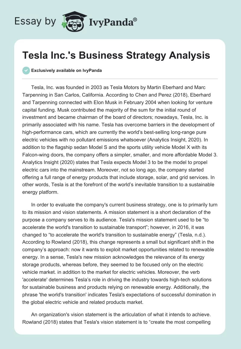 Tesla Inc.'s Business Strategy Analysis. Page 1