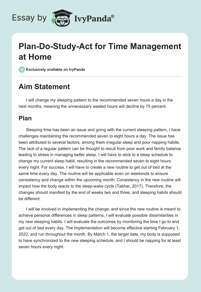 Plan-Do-Study-Act for Time Management at Home. Page 1