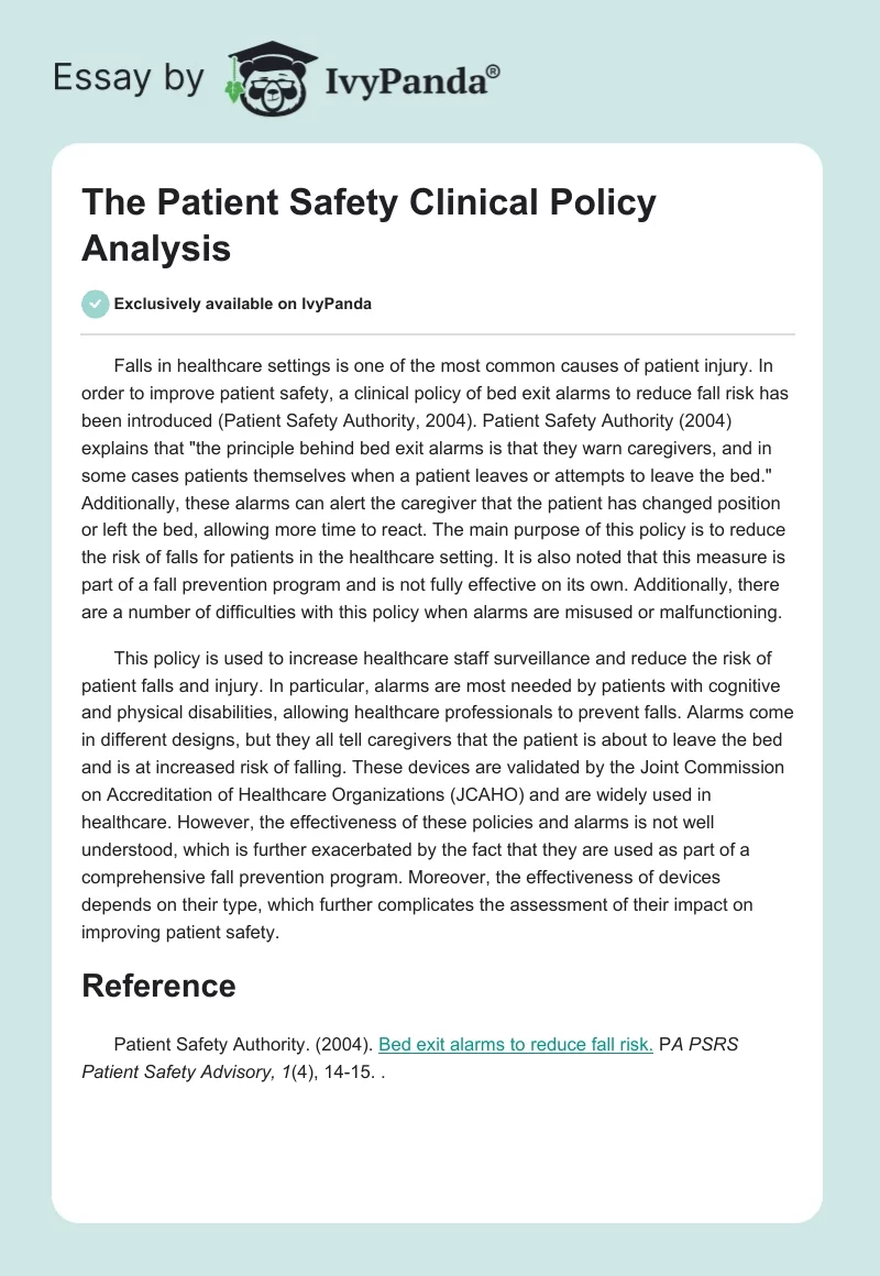 The Patient Safety Clinical Policy Analysis. Page 1