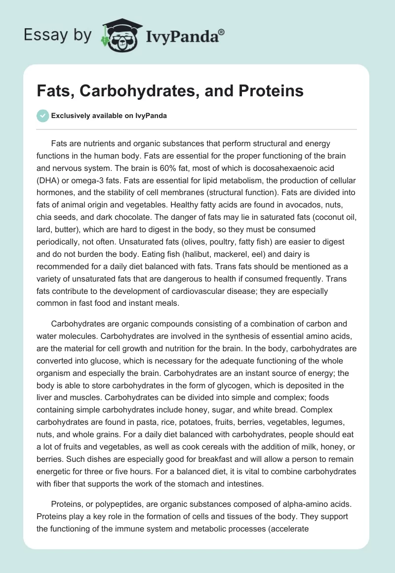 Fats, Carbohydrates, and Proteins. Page 1