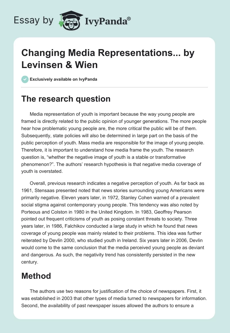 "Changing Media Representations..." by Levinsen & Wien. Page 1