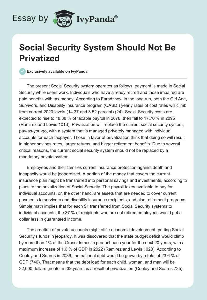 Social Security System Should Not Be Privatized. Page 1