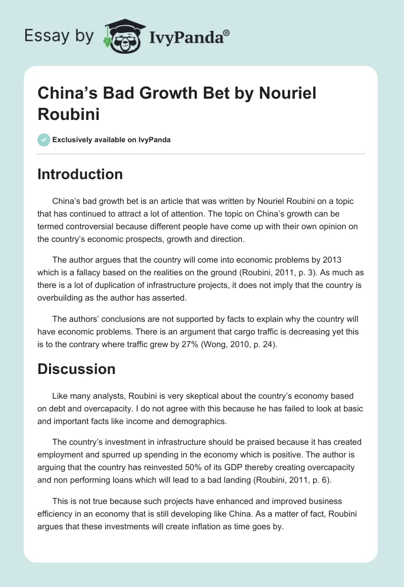 China’s Bad Growth Bet by Nouriel Roubini. Page 1