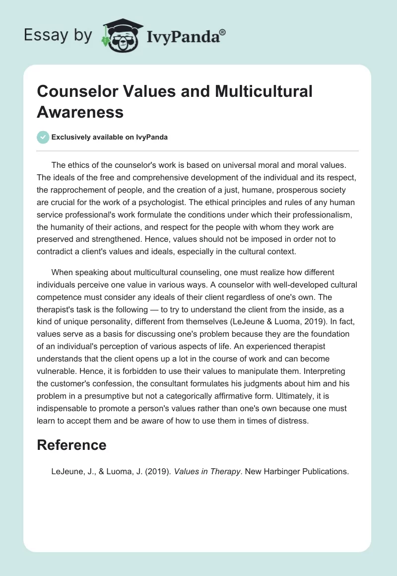 Counselor Values and Multicultural Awareness. Page 1