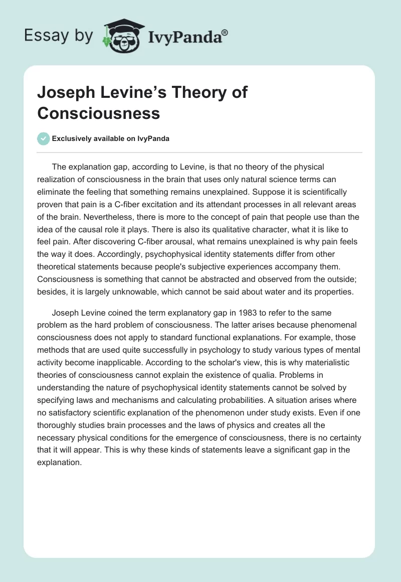 Joseph Levine’s Theory of Consciousness. Page 1