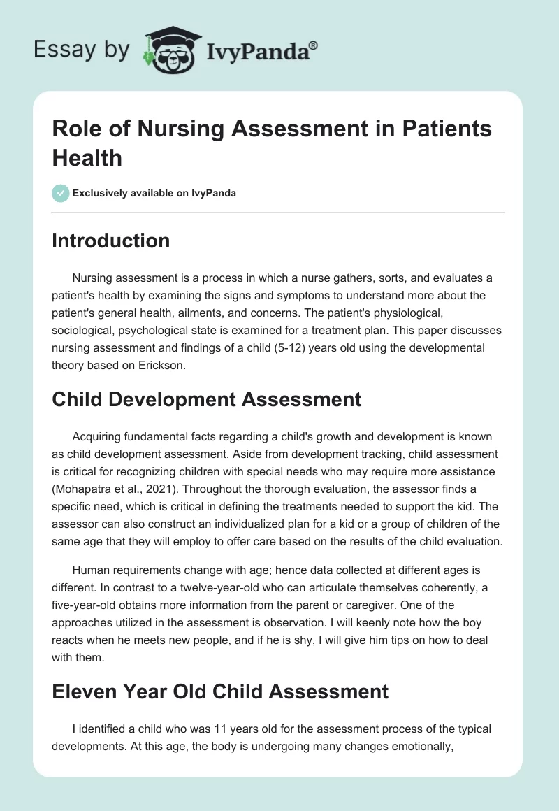Role of Nursing Assessment in Patients Health. Page 1