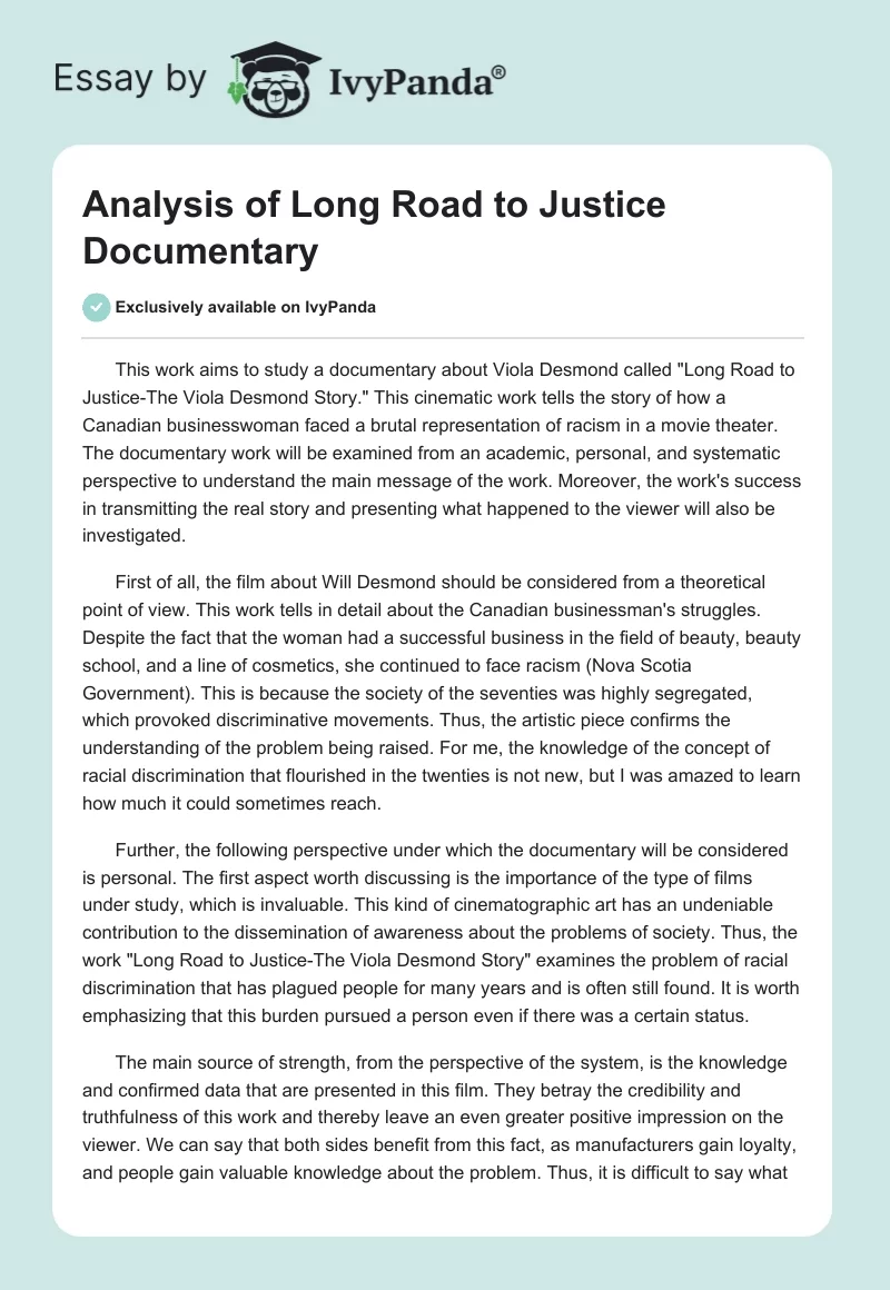 Analysis of "Long Road to Justice" Documentary. Page 1