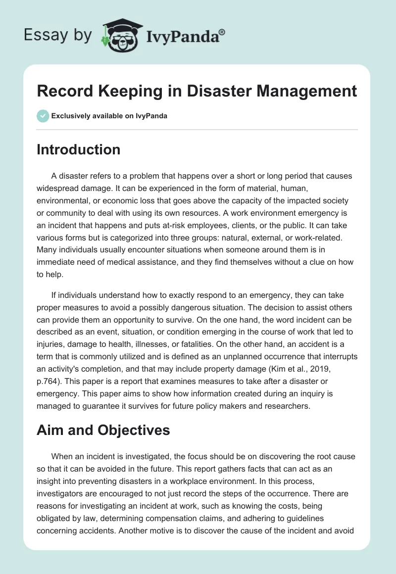 Record Keeping in Disaster Management. Page 1