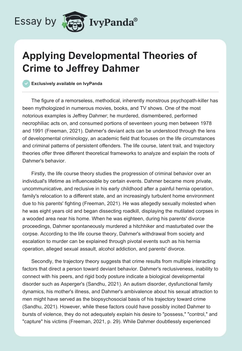 Applying Developmental Theories of Crime to Jeffrey Dahmer. Page 1