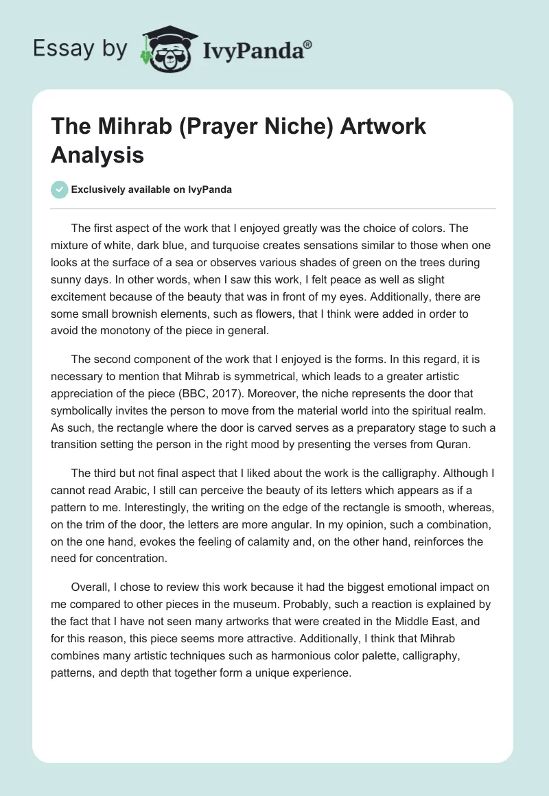 The Mihrab (Prayer Niche) Artwork Analysis. Page 1