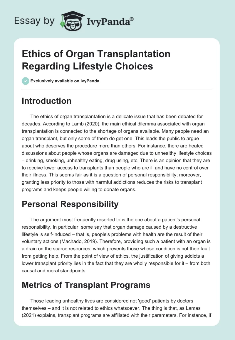 Ethics of Organ Transplantation Regarding Lifestyle Choices. Page 1