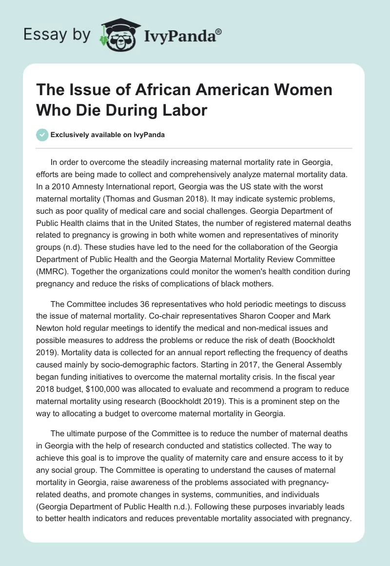 The Issue of African American Women Who Die During Labor. Page 1