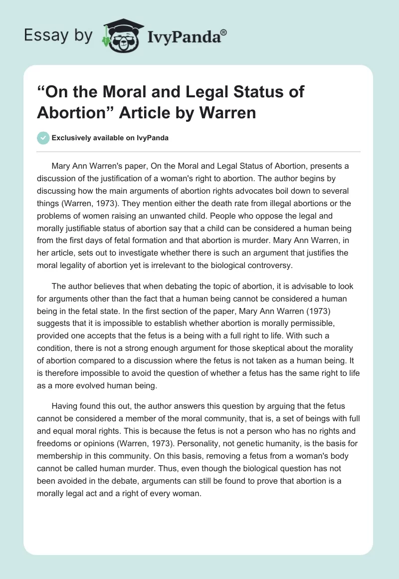 “On the Moral and Legal Status of Abortion” Article by Warren. Page 1