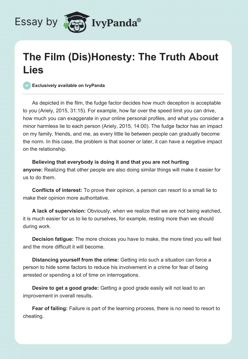 The Film "(Dis)Honesty: The Truth About Lies". Page 1