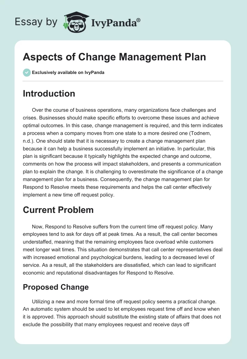 Aspects of Change Management Plan. Page 1