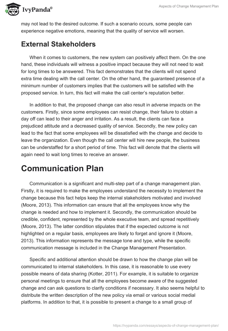Aspects of Change Management Plan. Page 3