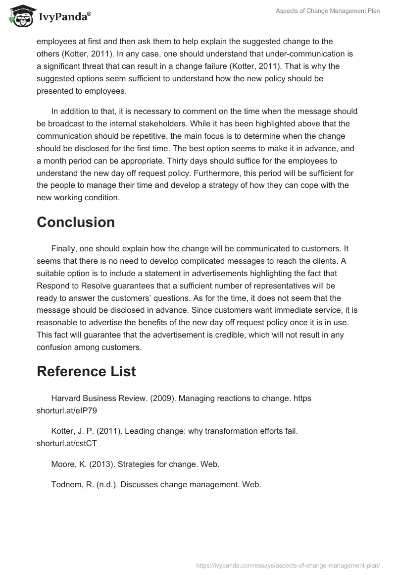 Aspects of Change Management Plan. Page 4