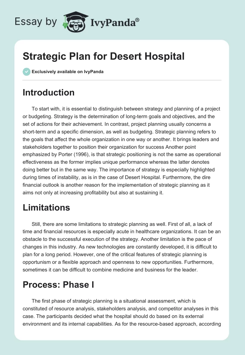 Strategic Plan for Desert Hospital. Page 1