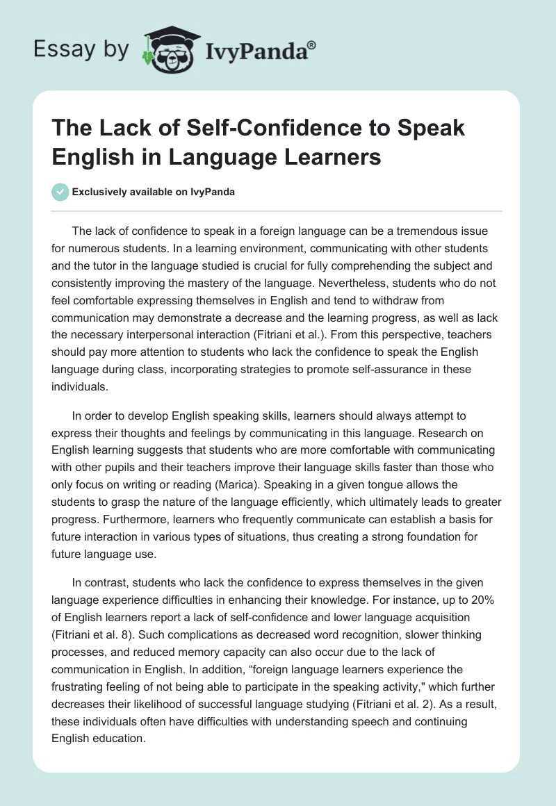The Lack of Self-Confidence to Speak English in Language Learners. Page 1