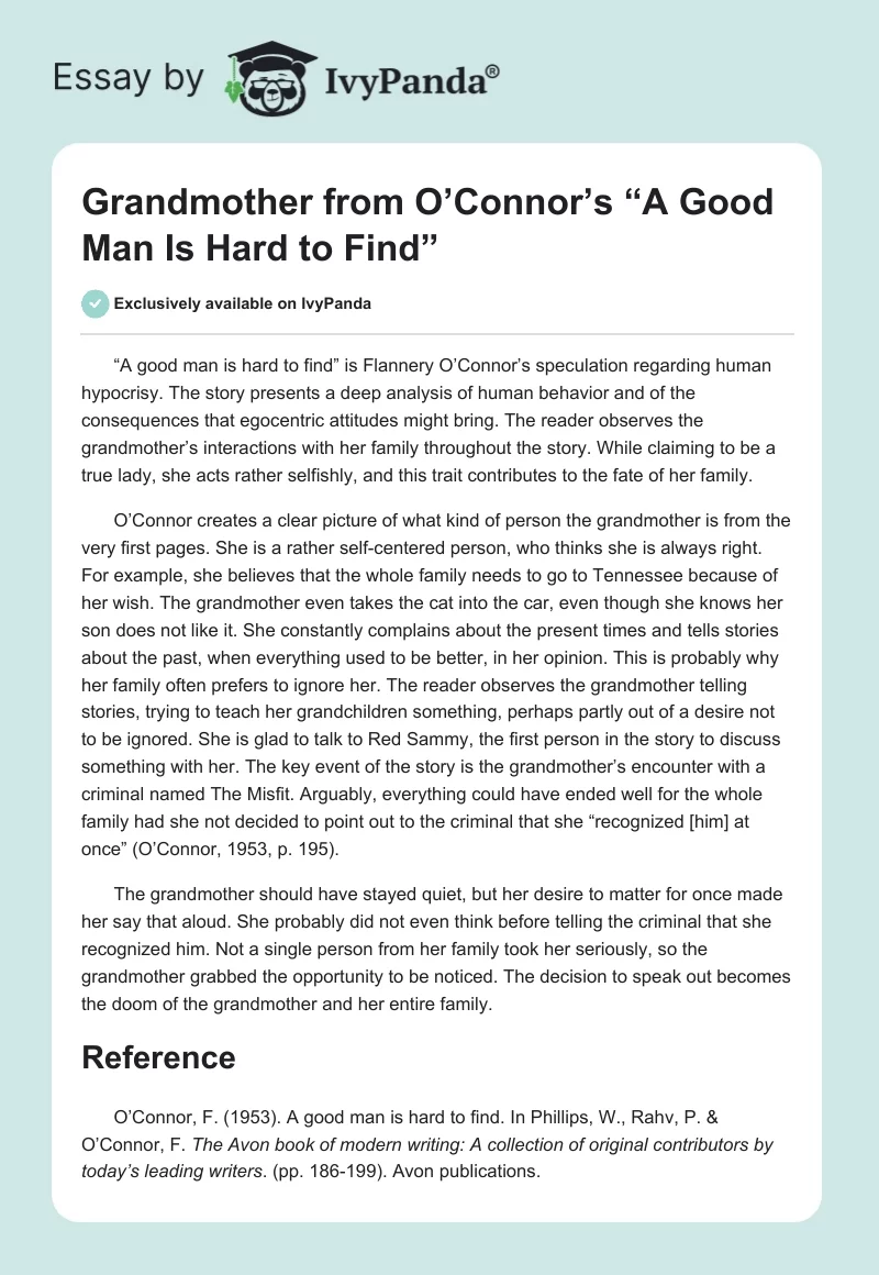 Grandmother From O’Connor’s “A Good Man Is Hard to Find” Essay. Page 1