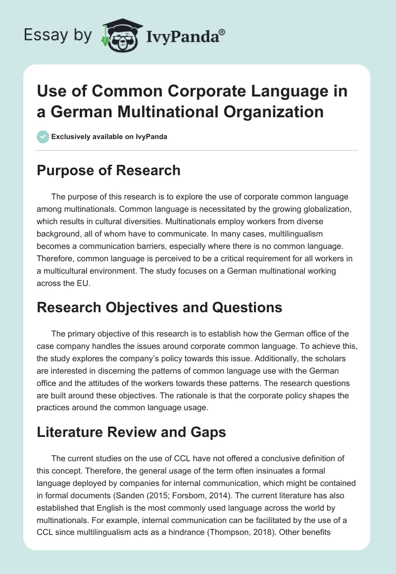 Use of Common Corporate Language in a German Multinational Organization. Page 1