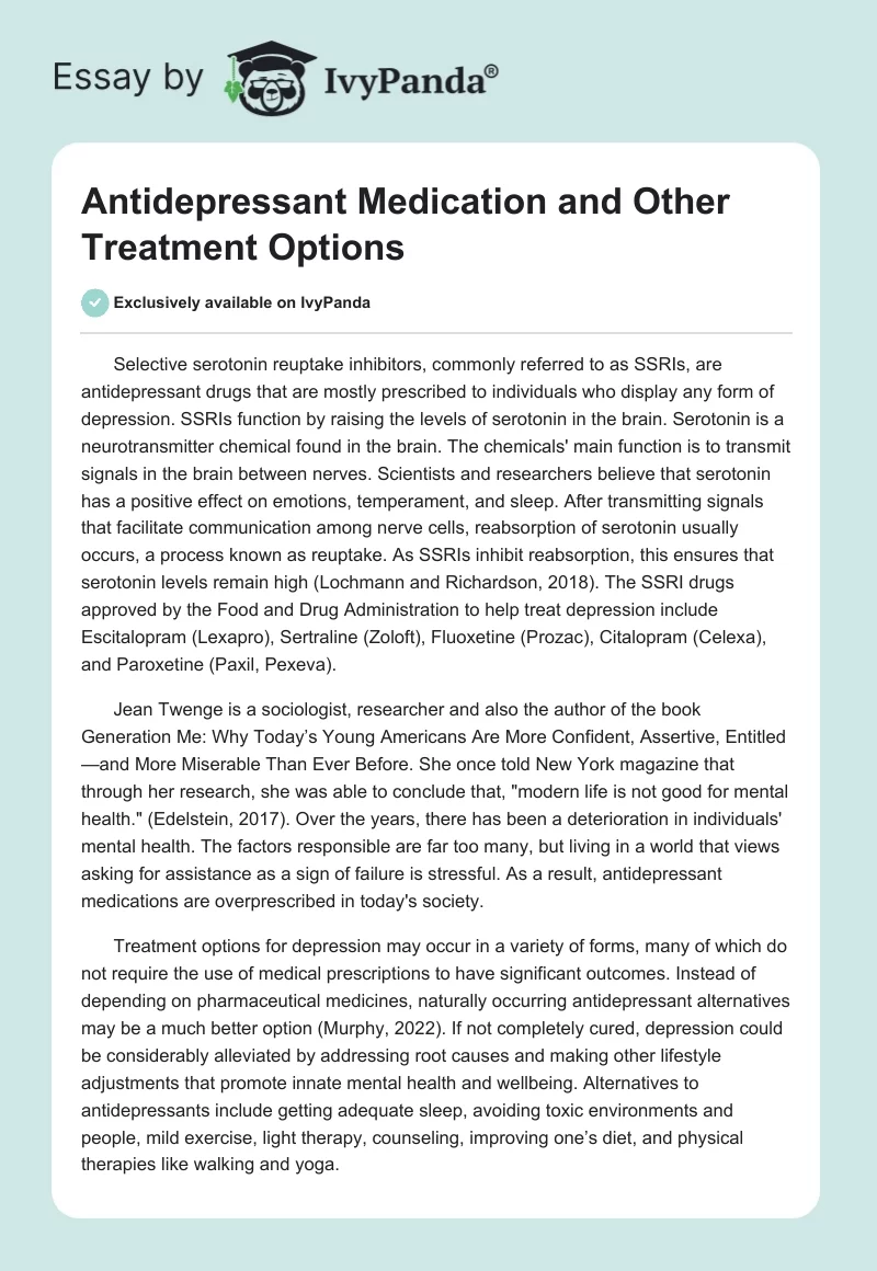 Antidepressant Medication and Other Treatment Options. Page 1