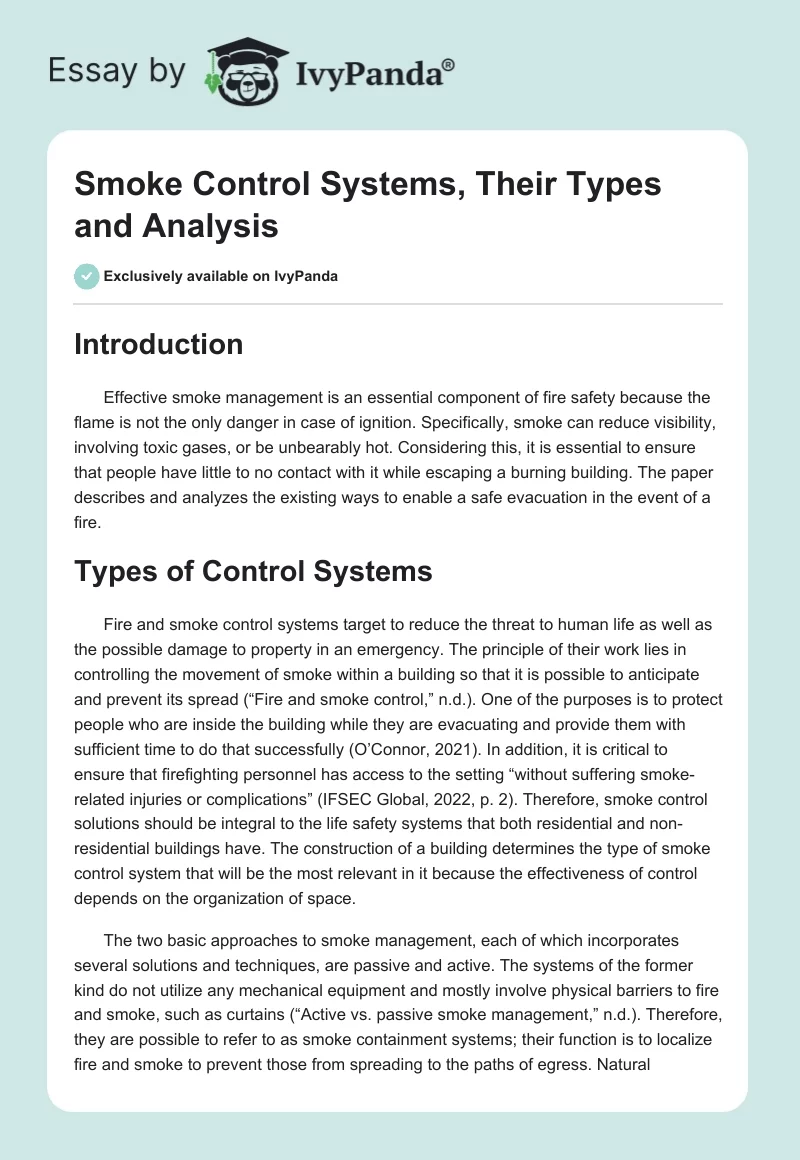 Smoke Control Systems, Their Types and Analysis. Page 1