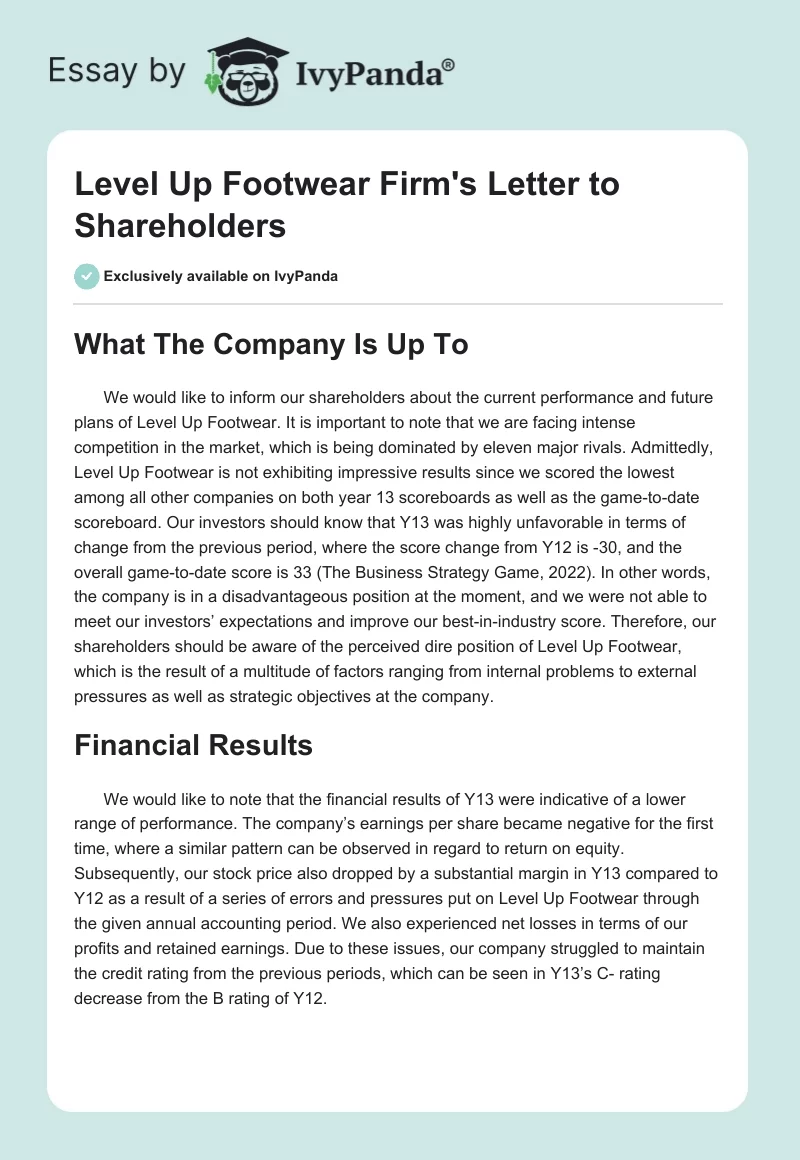 Level Up Footwear Firm's Letter to Shareholders. Page 1