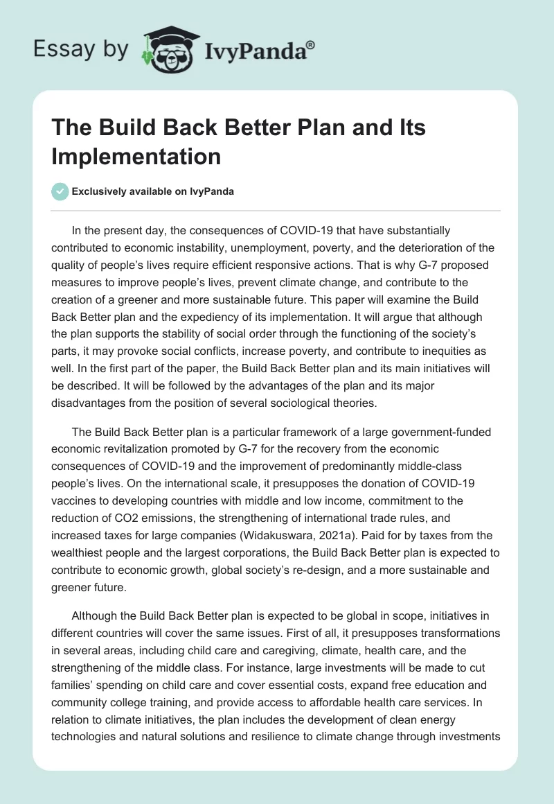 The Build Back Better Plan and Its Implementation. Page 1