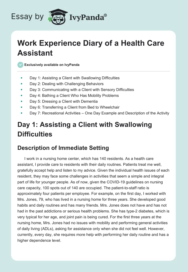 Work Experience Diary of a Health Care Assistant. Page 1