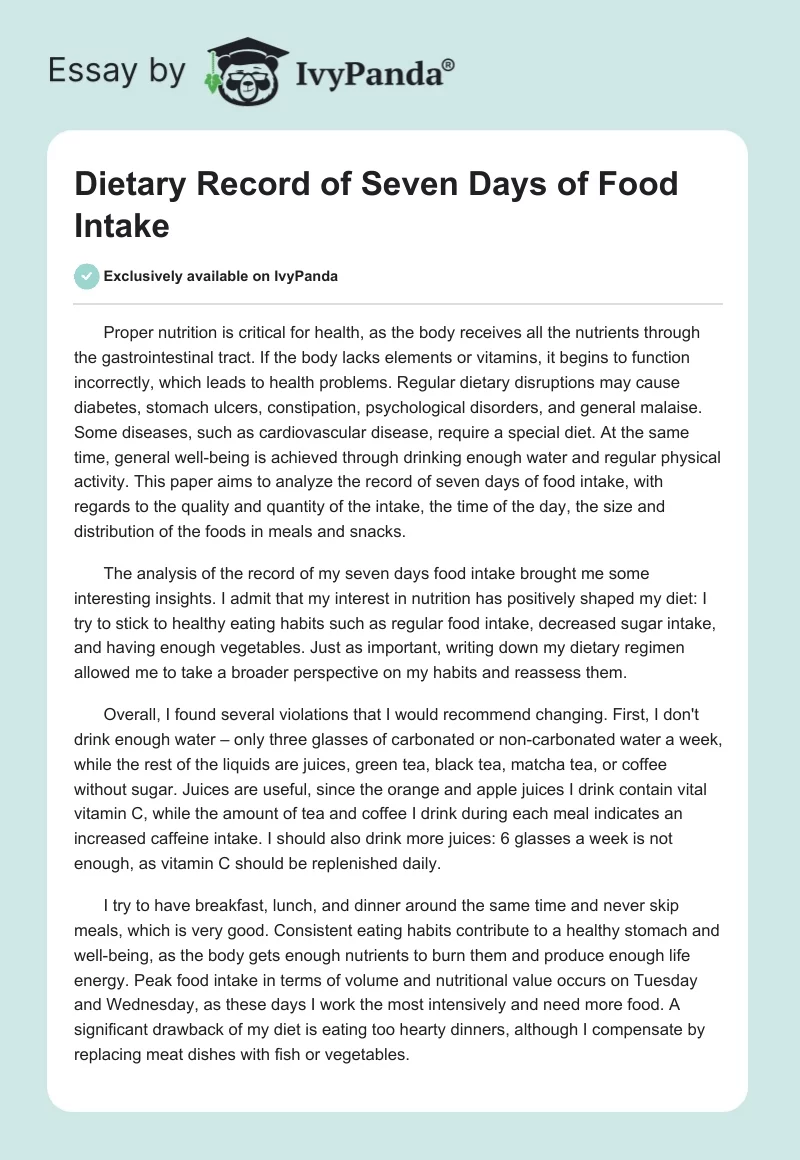 Dietary Record of Seven Days of Food Intake. Page 1