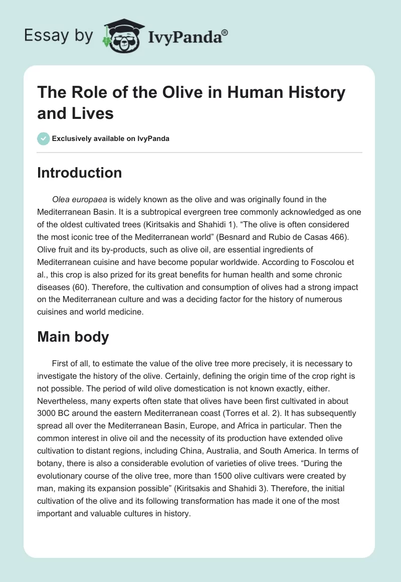 The Role of the Olive in Human History and Lives. Page 1