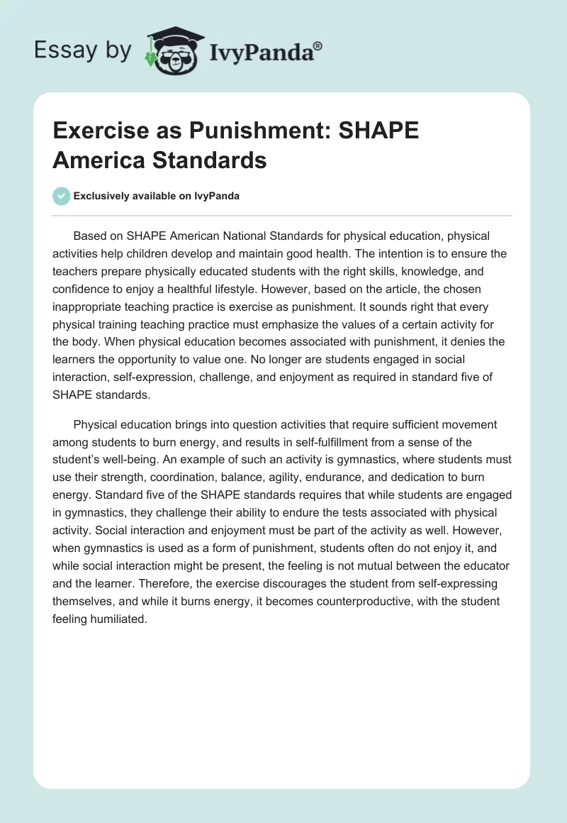 Exercise as Punishment: SHAPE America Standards. Page 1