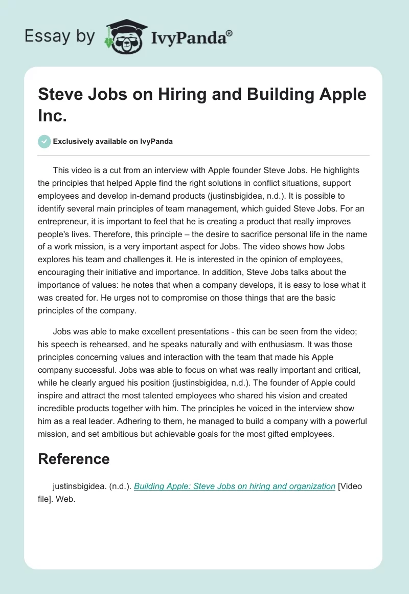 Steve Jobs on Hiring and Building Apple Inc.. Page 1