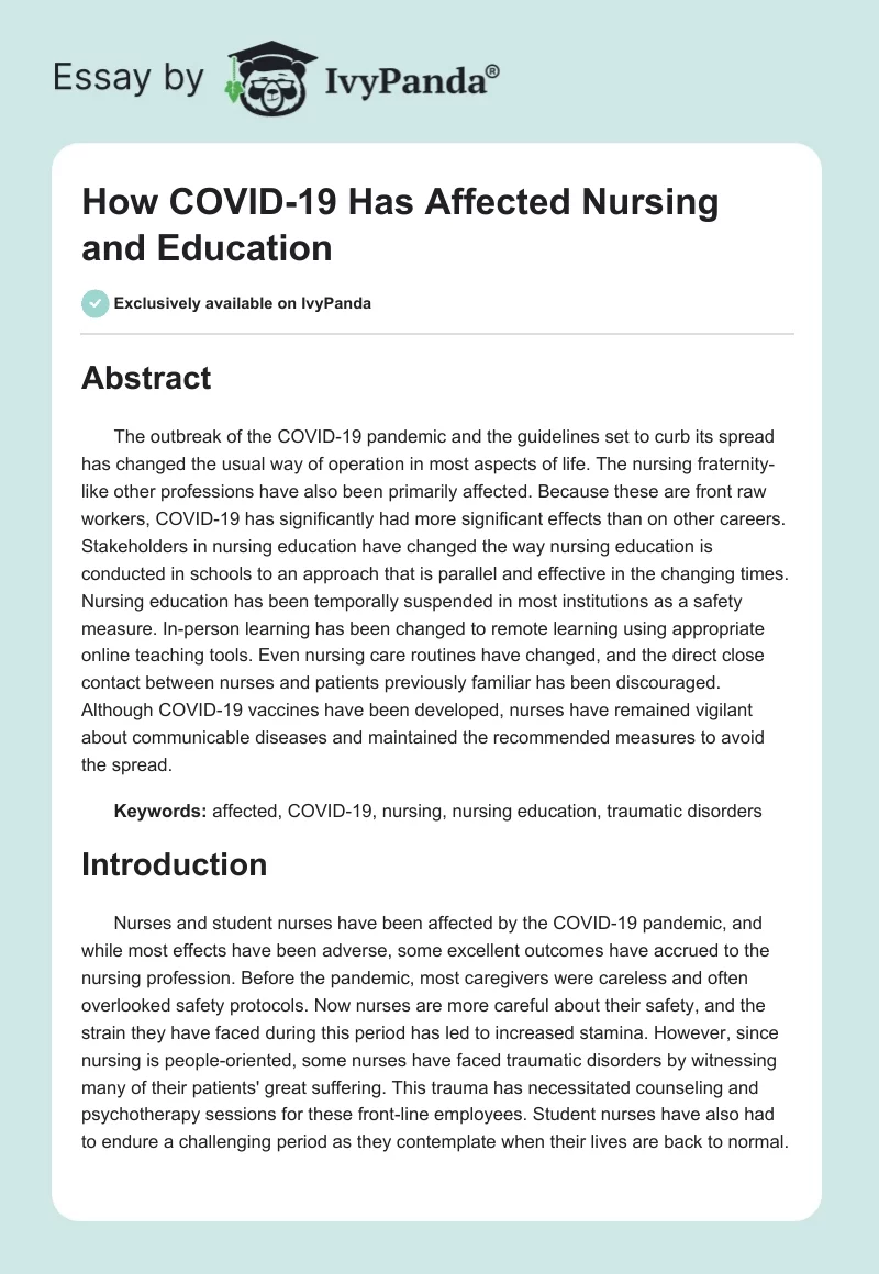How COVID-19 Has Affected Nursing and Education. Page 1