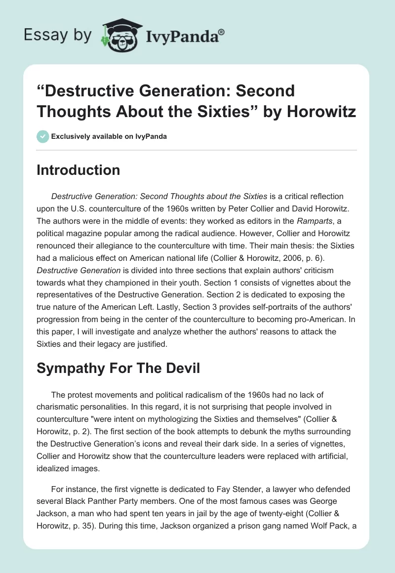 “Destructive Generation: Second Thoughts About the Sixties” by Horowitz. Page 1