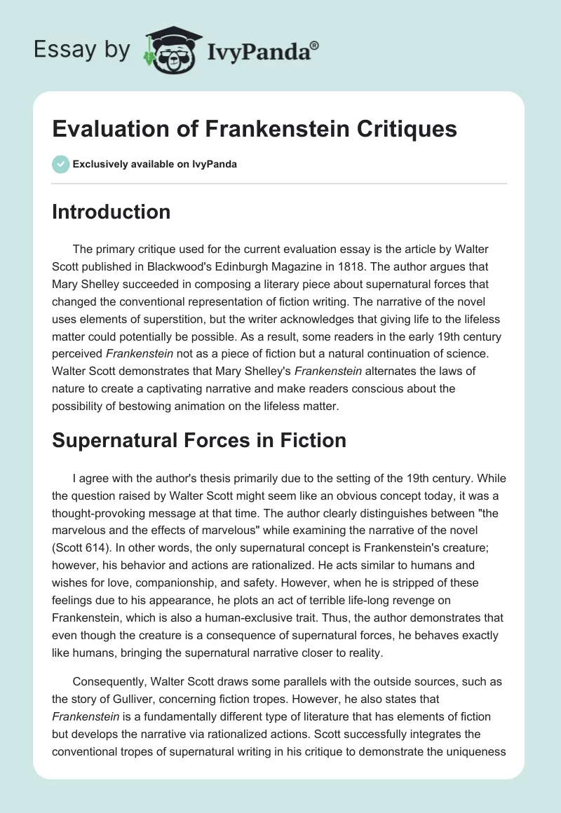 Evaluation of "Frankenstein" Critiques. Page 1