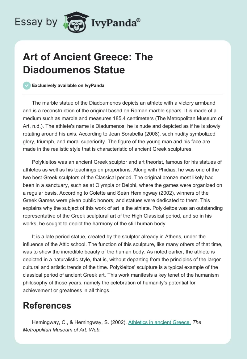 Art of Ancient Greece: The Diadoumenos Statue. Page 1