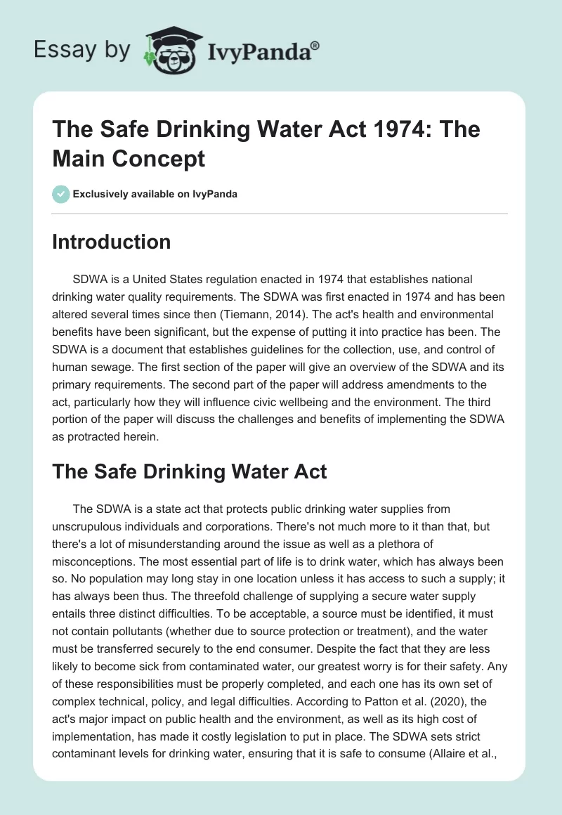 The Safe Drinking Water Act 1974: The Main Concept. Page 1