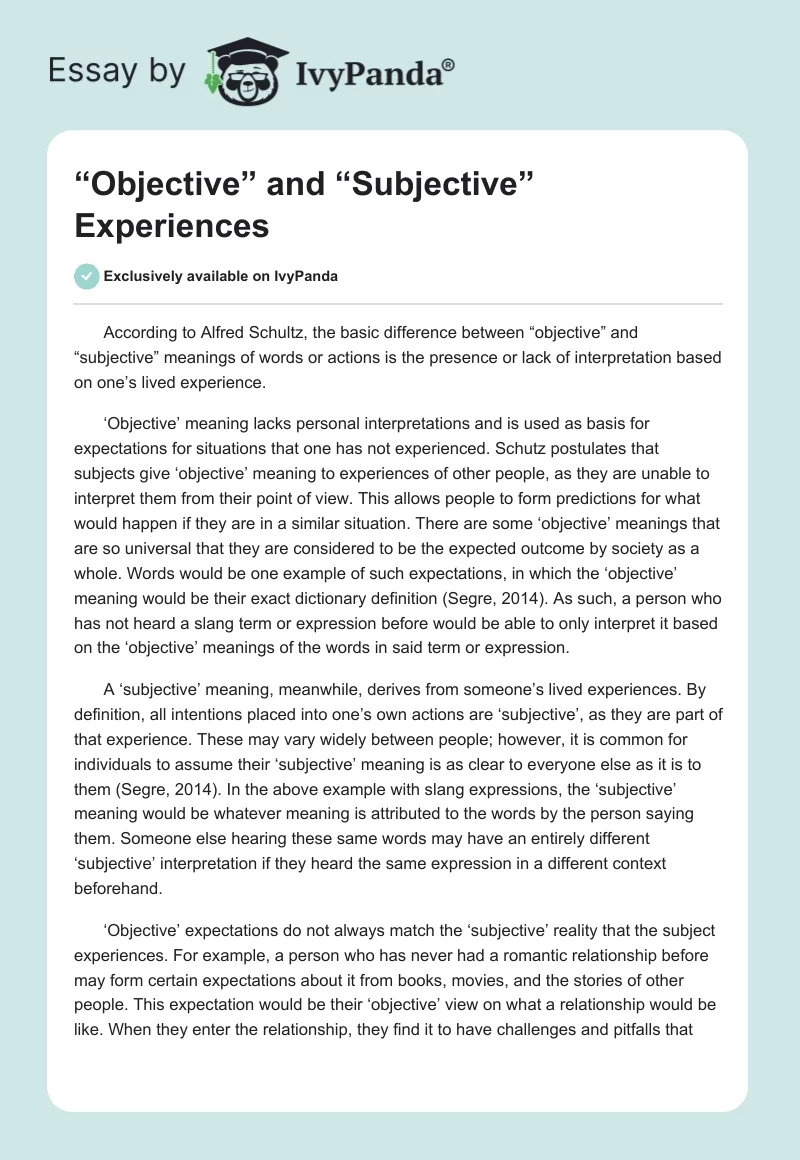 “Objective” and “Subjective” Experiences. Page 1