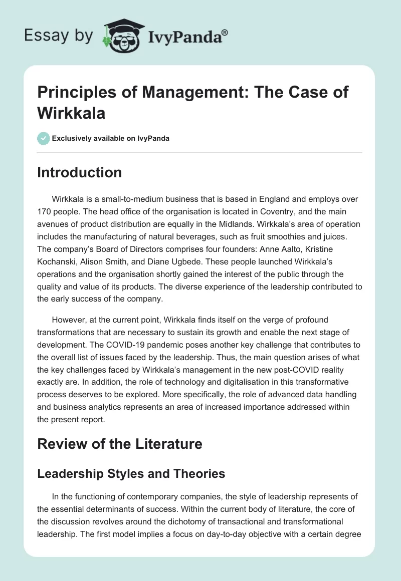 Principles of Management: The Case of Wirkkala. Page 1