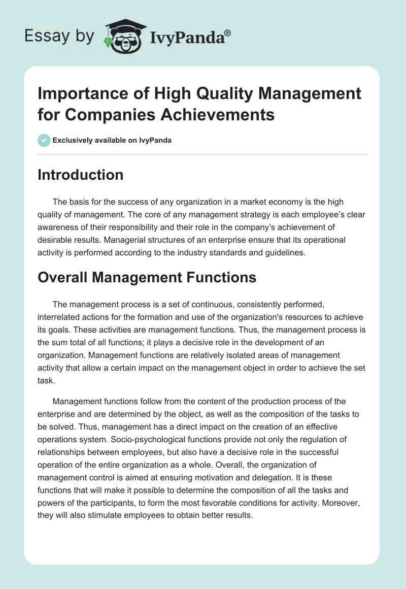Importance of High Quality Management for Companies Achievements. Page 1