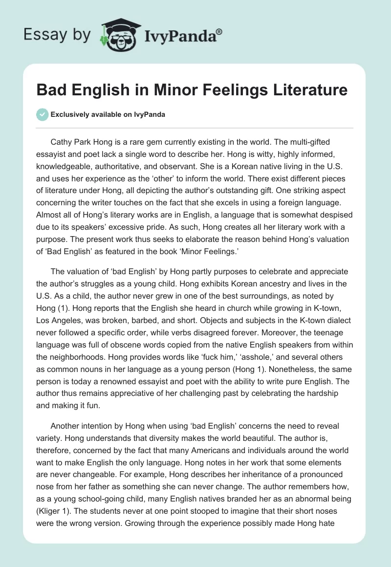 "Bad English" in "Minor Feelings" Literature. Page 1