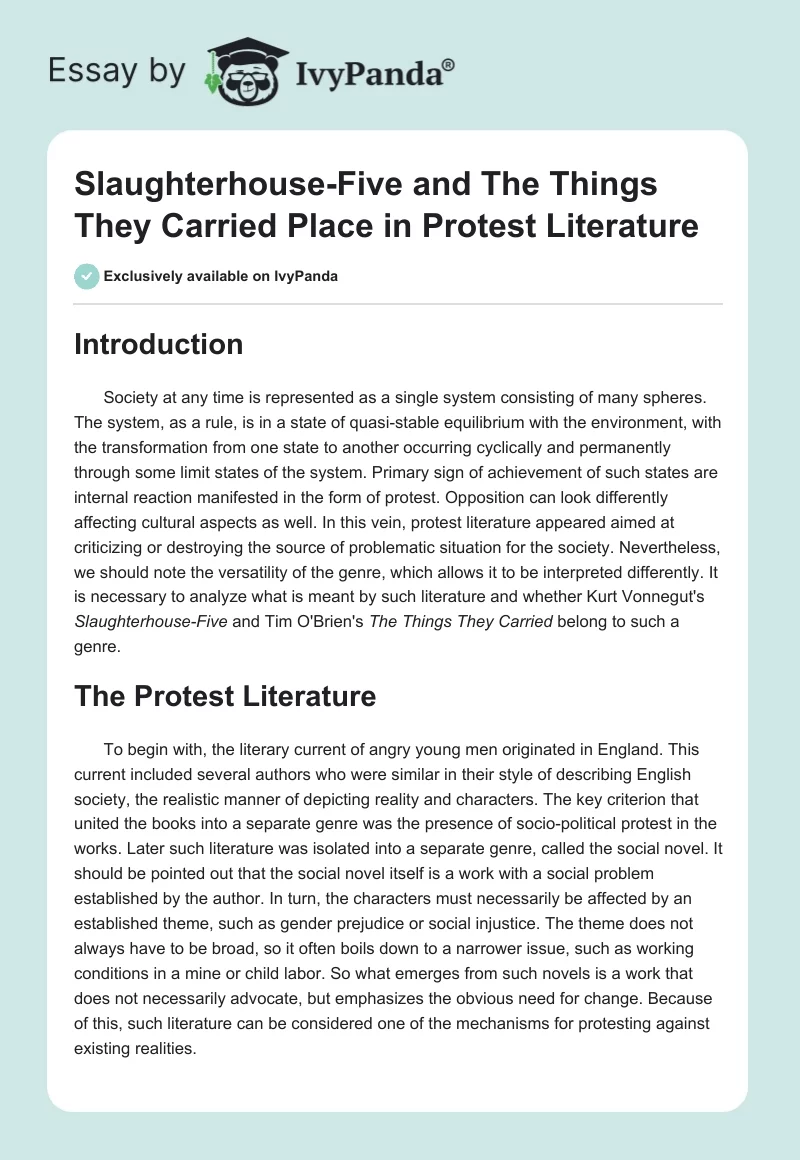 "Slaughterhouse-Five" and "The Things They Carried" Place in Protest Literature. Page 1