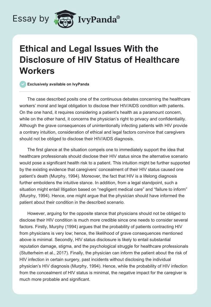 Ethical and Legal Issues With the Disclosure of HIV Status of Healthcare Workers. Page 1