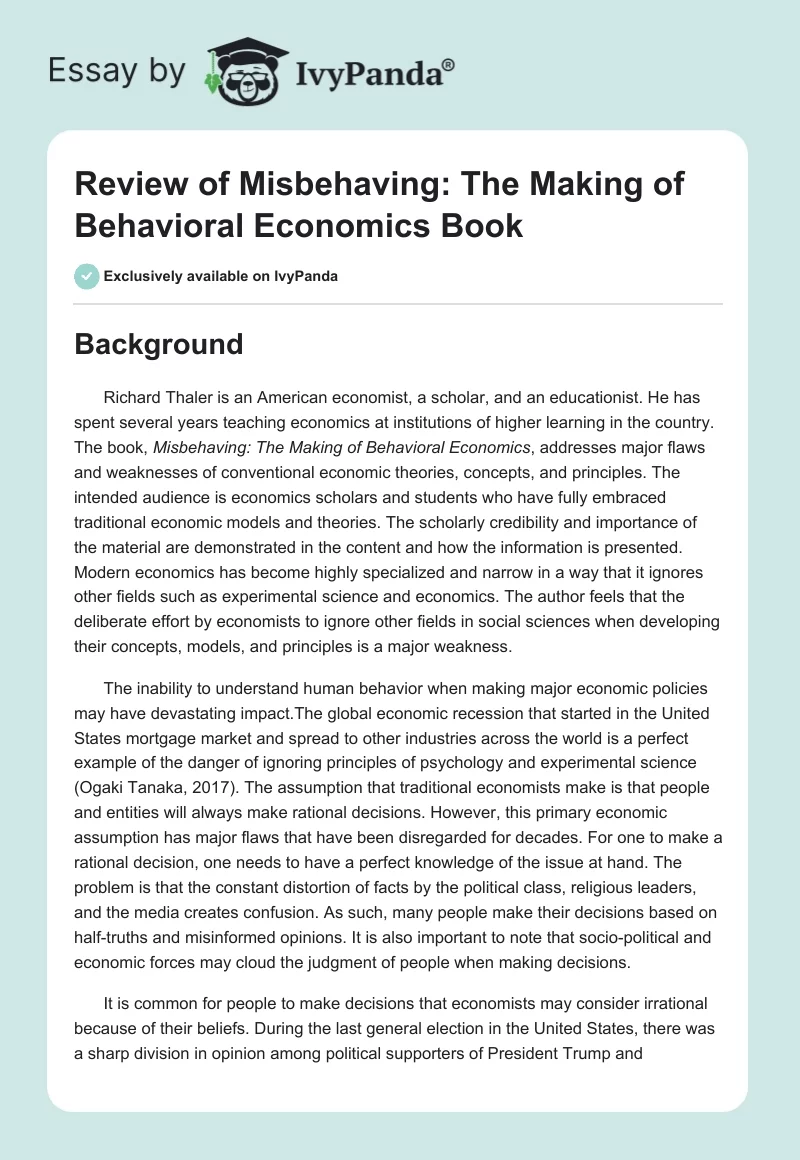 Review of "Misbehaving: The Making of Behavioral Economics" Book. Page 1