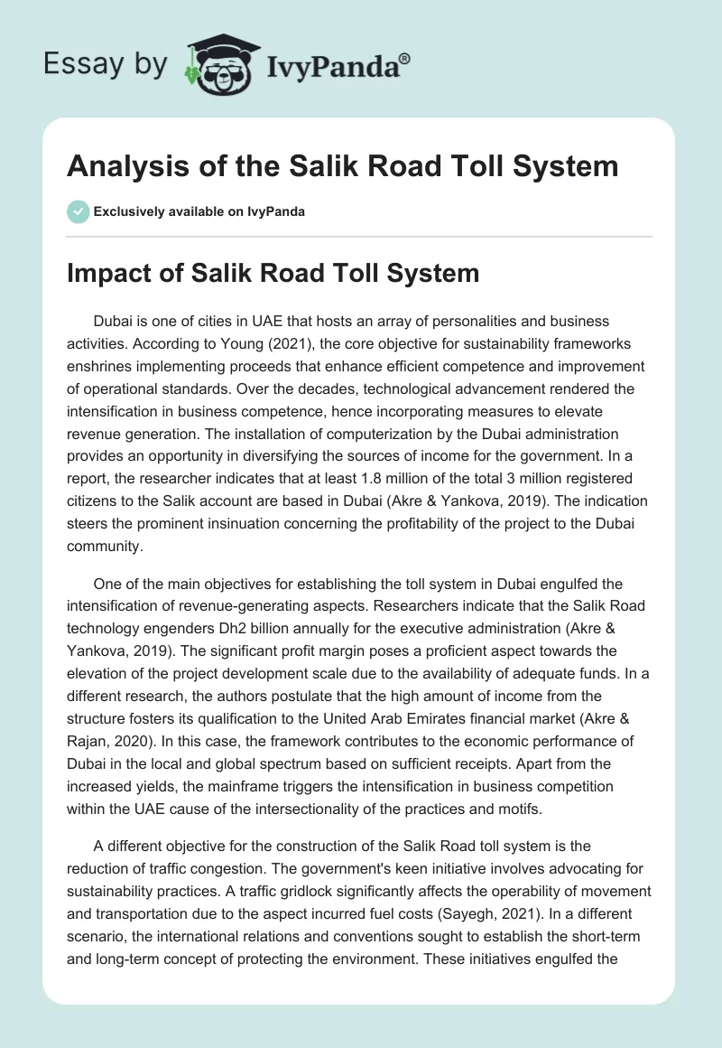 Analysis of the Salik Road Toll System. Page 1